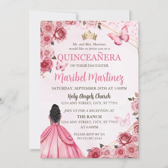 Quinceanera Pink Dress Floral Butterfly Invitation (Front)