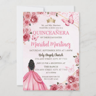 Quinceanera Pink Dress Floral Butterfly Invitation