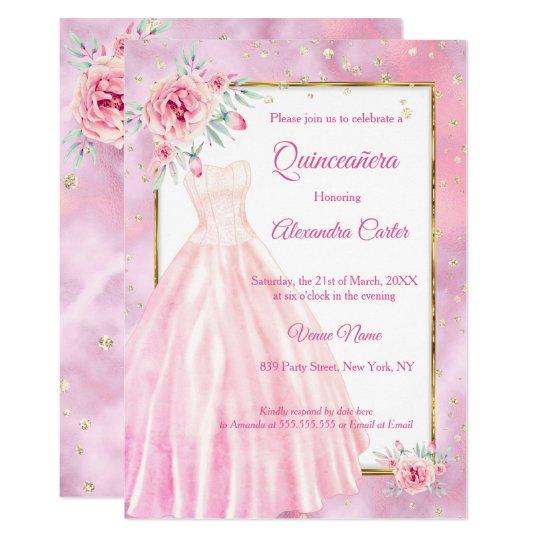 Quinceanera Pink Dress Floral gold Birthday Party Invitation | Zazzle.com