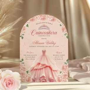 Quinceanera Pink Dress Silver Floral Invitation