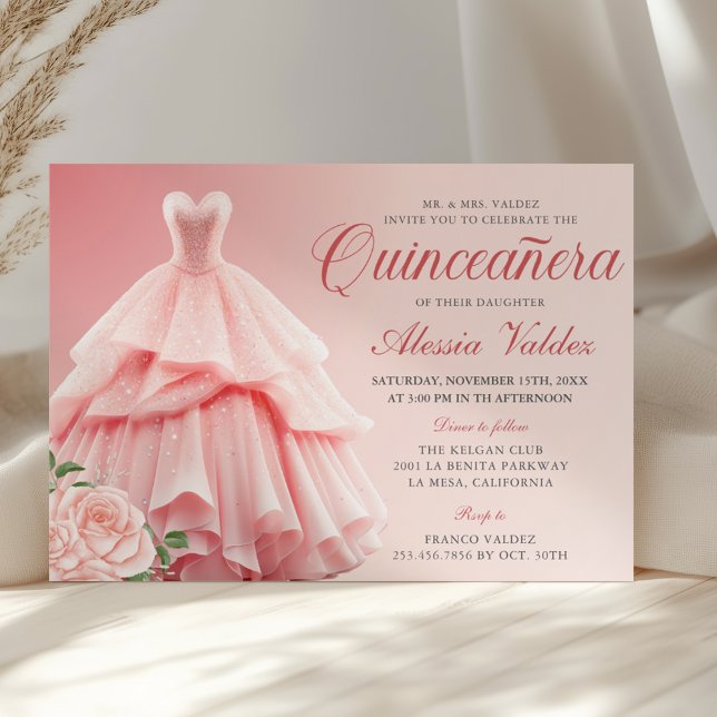 Quinceanera Pink Dress Silver Floral  Invitation (Creator Uploaded)