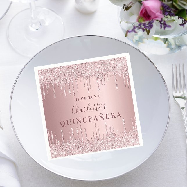Quinceanera pink dusty rose glitter monogram napkins (Creator Uploaded)