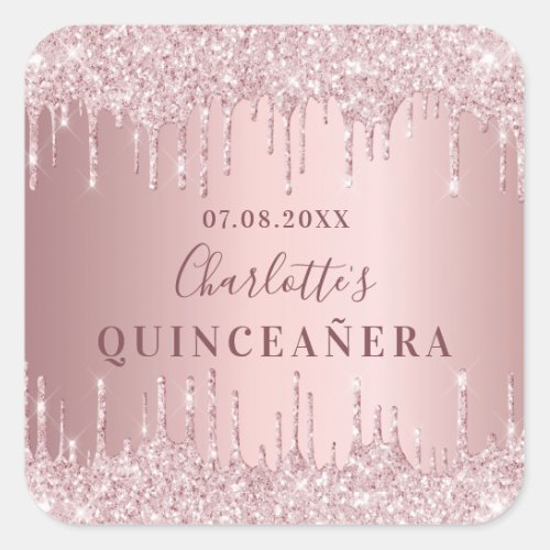 Quinceanera pink dusty rose glitter monogram square sticker