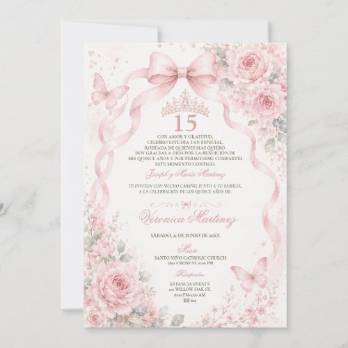 Quinceañera Pink floral 15 Años Princess Tiara Invitation
