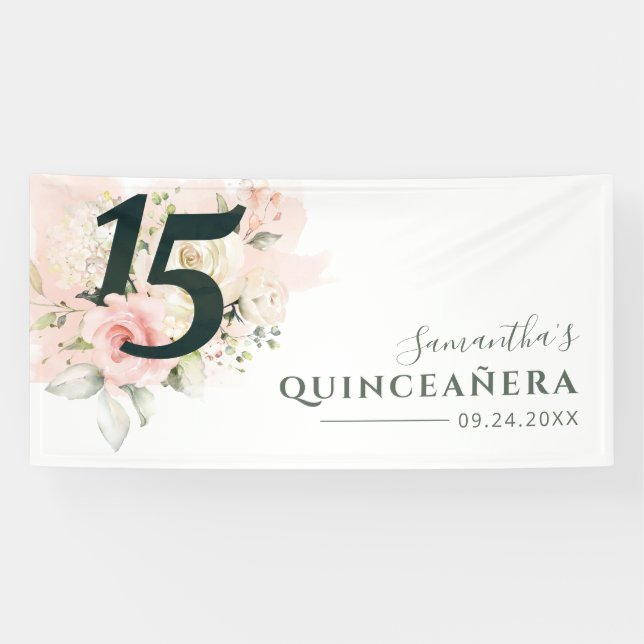 Quinceanera Pink Floral 15th Birthday Botanical Banner (Horizontal)