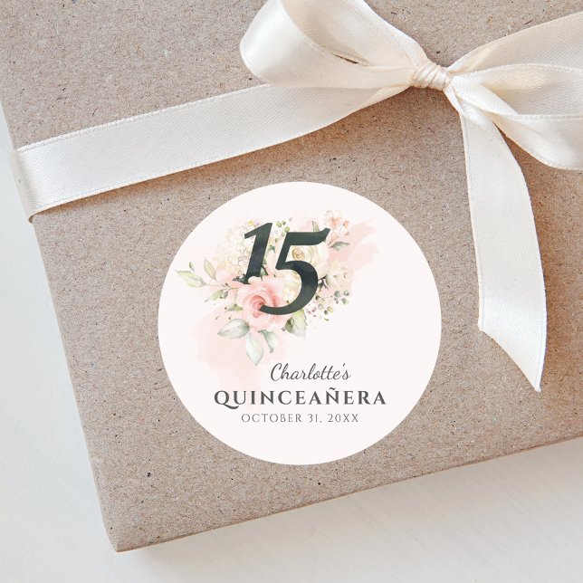 Quinceanera Pink Floral 15th Birthday Classic Round Sticker (Pink Floral Quinceanera 15th Birthday Party Script Round Sticker)