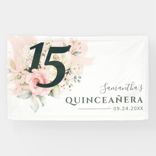 Quinceanera Pink Floral 15th Birthday Script Banner