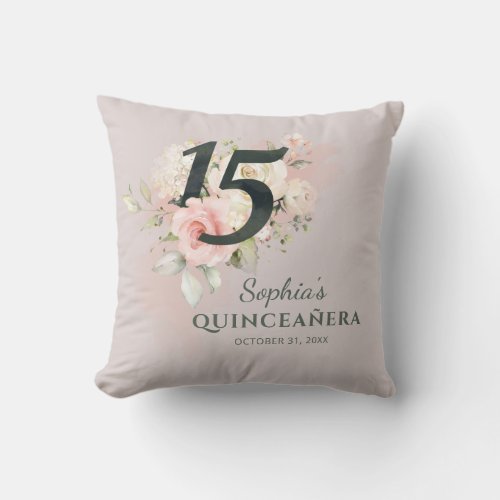 Quinceanera Pink Floral 15th Birthday Throw Pillow