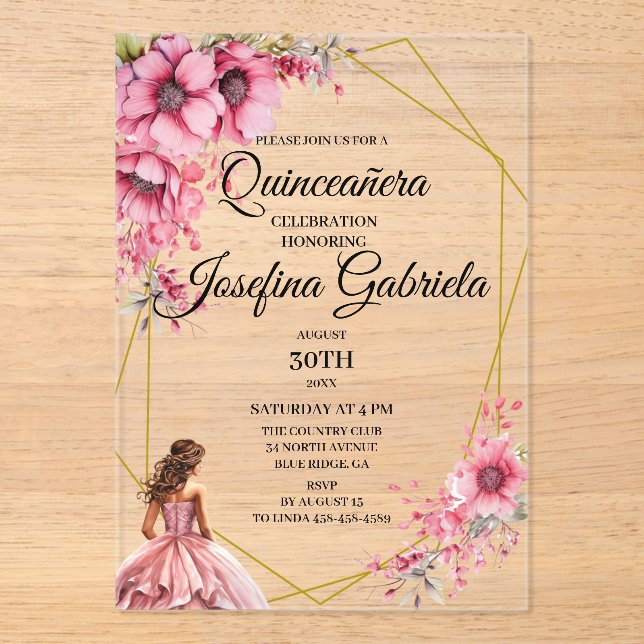 Quinceanera pink floral acrylic invitations (Front)