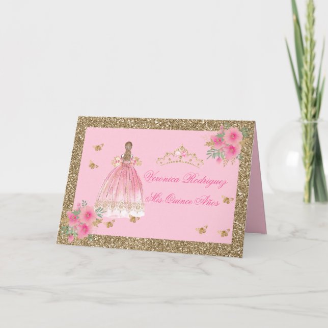 Quinceañera Pink Floral and Gold Glitter  Invitation (Front)