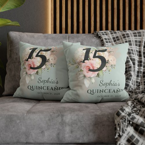 Quinceanera Pink Floral Bloom 15th Birthday Throw Pillow