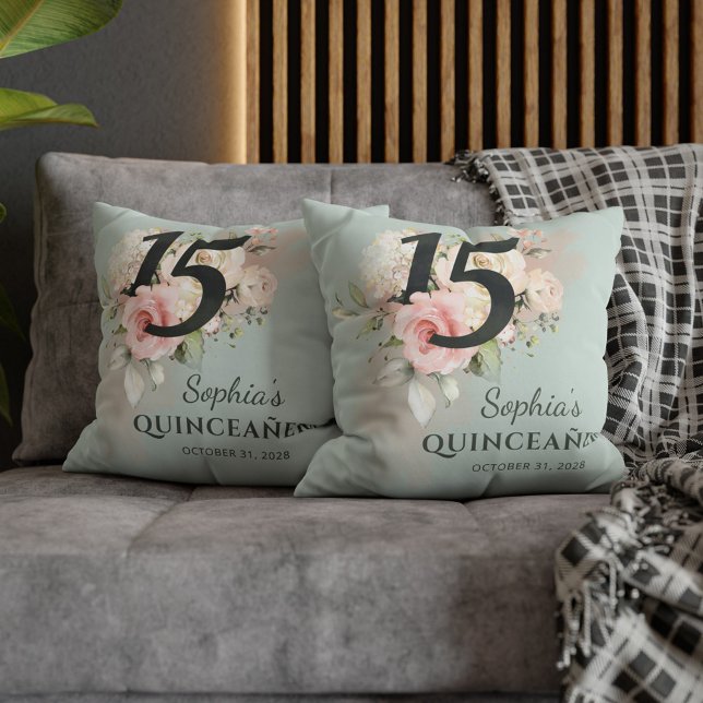 Quinceanera Pink Floral Bloom 15th Birthday Throw Pillow (Floral Quinceanera 15th Birthday Party Decoration Throw Pillow)