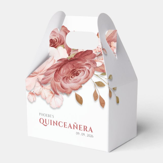 Quinceanera Pink Floral Botanical 15th Birthday Favor Boxes (Front Side)