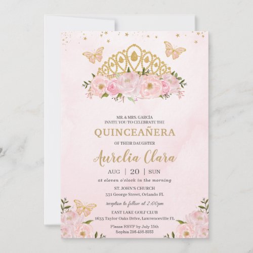 Quinceaera Pink Floral Butterflies Princess Crown Invitation