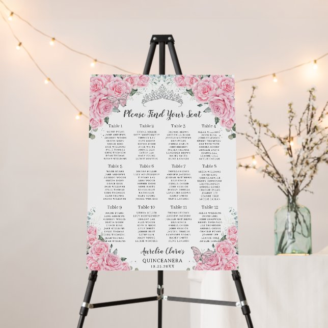 Quinceanera Pink Floral Butterflies Seating Chart Foam Board (In Situ (Stand))