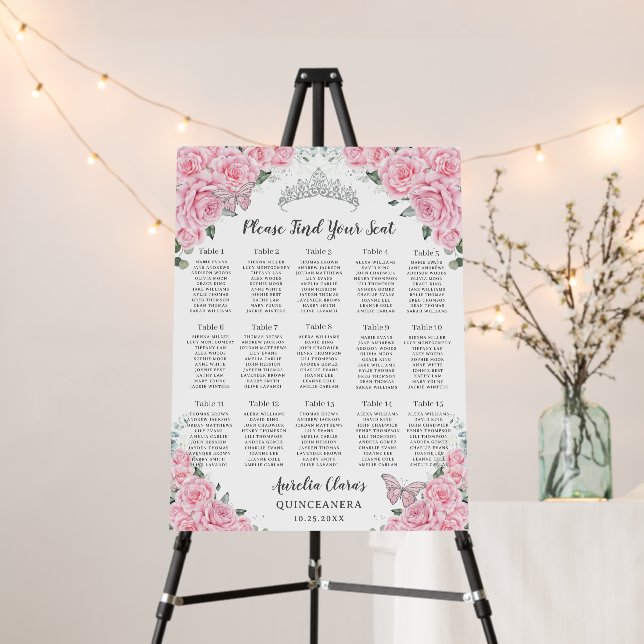 Quinceanera Pink Floral Butterflies Seating Chart Foam Board (In Situ (Stand))