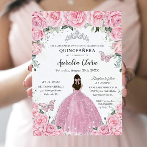 Quinceaera Pink Floral Butterflies Silver Tiara Invitation