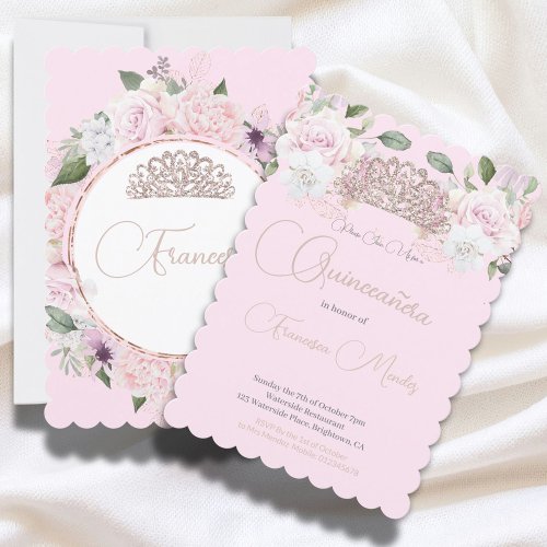 Quinceanera Pink Floral Chic Tiara Modern  Invitation