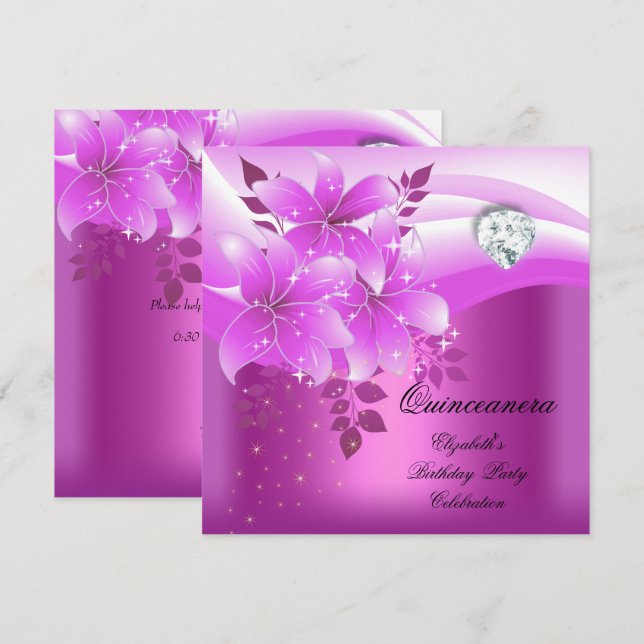 Quinceanera Pink Floral Diamond Birthday Party Invitation (Front/Back)