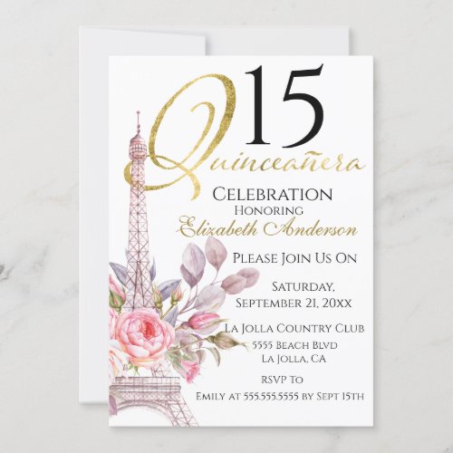 Quinceanera Pink Floral Eiffel Tower 15th Birthday Invitation