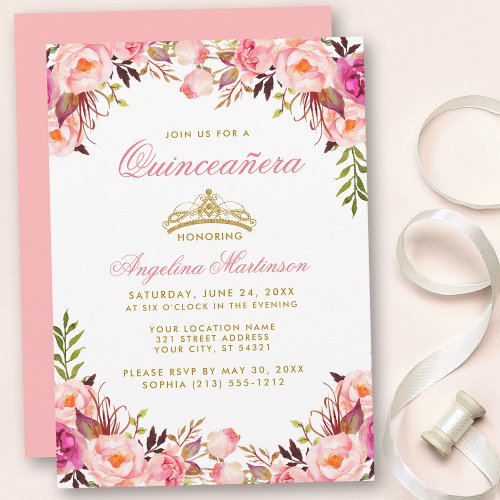 Quinceanera Pink Floral Gold Crown Invitation