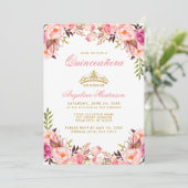 Quinceanera Pink Floral Gold Crown Invitation (Standing Front)