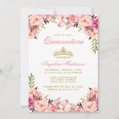 Quinceanera Pink Floral Gold Crown Invitation (Front)
