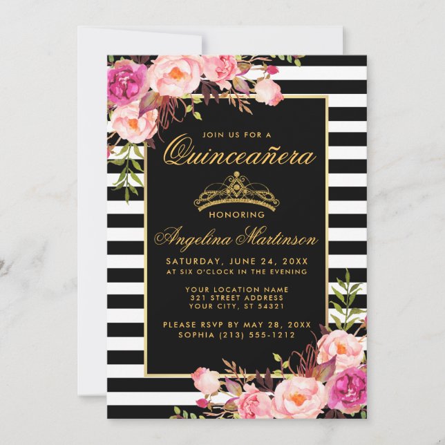 Quinceanera Pink Floral Gold Crown Stripes Invitation (Front)