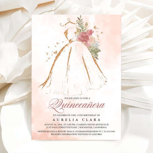 Quinceaera Pink Floral Gold Dress 15th Birthday Invitation