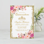 Quinceanera Pink Floral Gold Glitter Crown Invite (Standing Front)