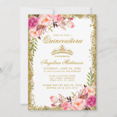 Quinceanera Pink Floral Gold Glitter Crown Invite (Front)