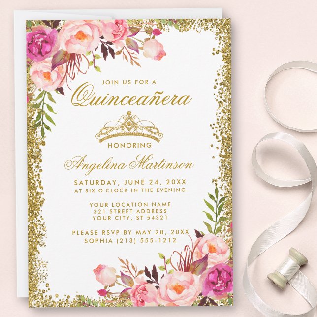 Quinceanera Pink Floral Gold Glitter Crown Invite