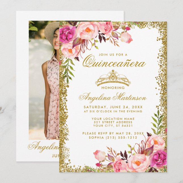 Quinceanera Pink Floral Gold Glitter Crown Photo Invitation (Front/Back)
