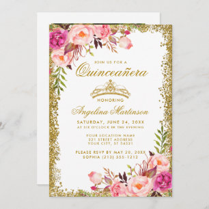 Quinceanera Pink Floral Gold Glitter Crown Photo Invitation