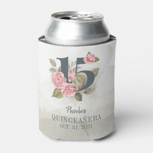 Quinceanera Pink Floral Greenery 15th Birthday Can Cooler