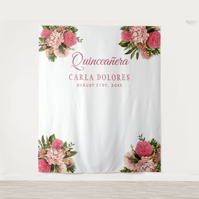 Quinceañera pink floral photo booth backdrop (Front)