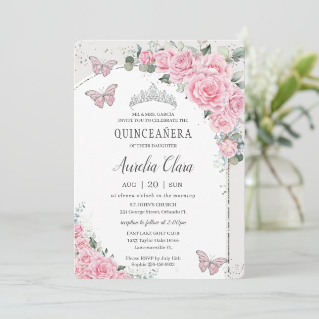Quinceañera Pink Floral Princess 15 Años Butterfly Invitation (Standing Front)