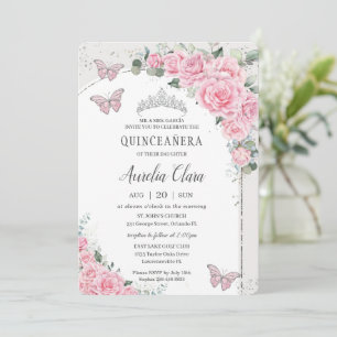 Quinceañera Pink Floral Princess 15 Años Butterfly Invitation