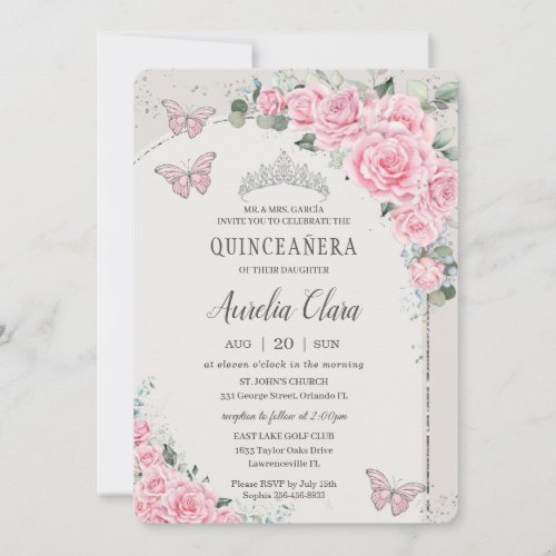 Quinceaera Pink Floral Princess 15 Aos Butterfly Invitation