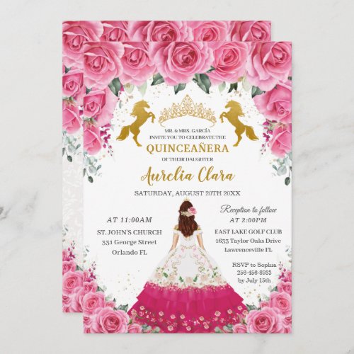 Quinceaera Pink Floral Princess Charro Gold Horse Invitation
