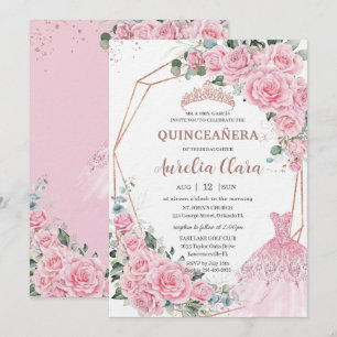 Quinceanera Pink Floral Princess Dress Rose Gold Invitation