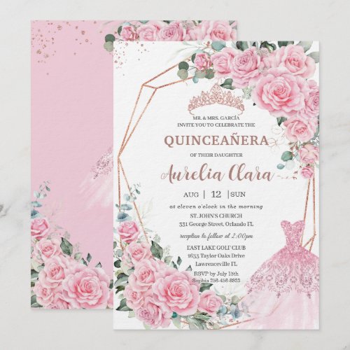 Quinceanera Pink Floral Princess Dress Rose Gold Invitation