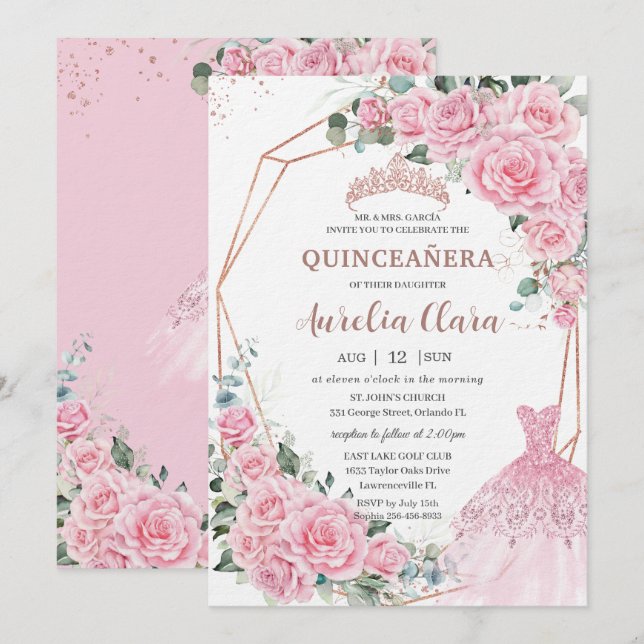 Quinceanera Pink Floral Princess Dress Rose Gold Invitation (Front/Back)