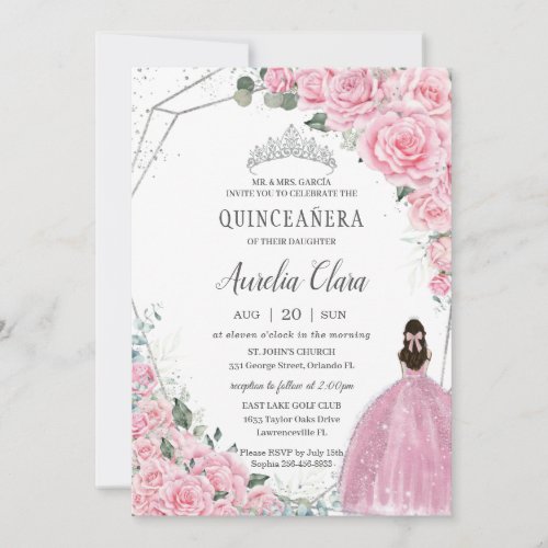Quinceaera Pink Floral Princess Silver Birthday Invitation