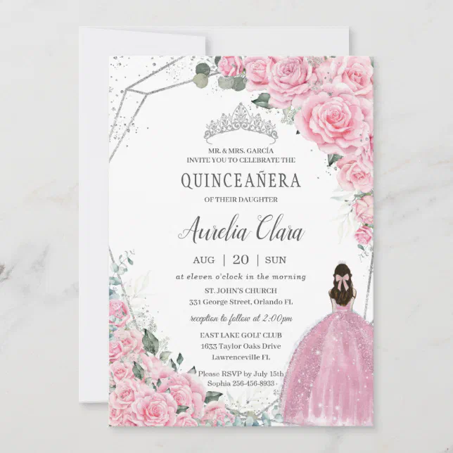 Quinceañera Pink Floral Princess Silver Birthday Invitation | Zazzle