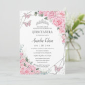 Quinceañera Pink Floral Princess Silver Butterfly Invitation (Standing Front)