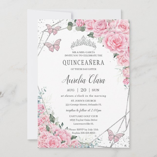 Quinceañera Pink Floral Princess Silver Butterfly Invitation (Front)