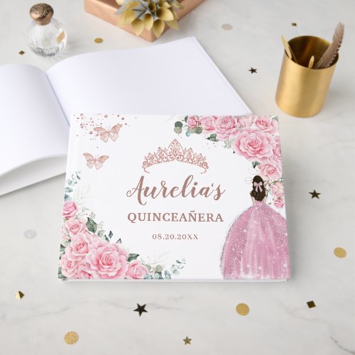 Quinceanera Pink Floral Roses Princess Rose Gold Guest Book