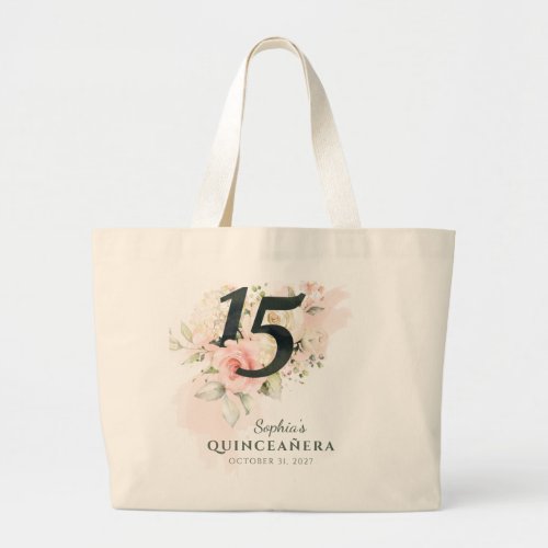 Quinceanera Pink Floral Rustic 15th Birthday Large Tote Bag