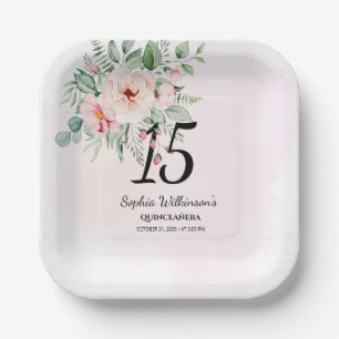 Quinceanera Pink Floral Rustic 15th Birthday Paper Plates